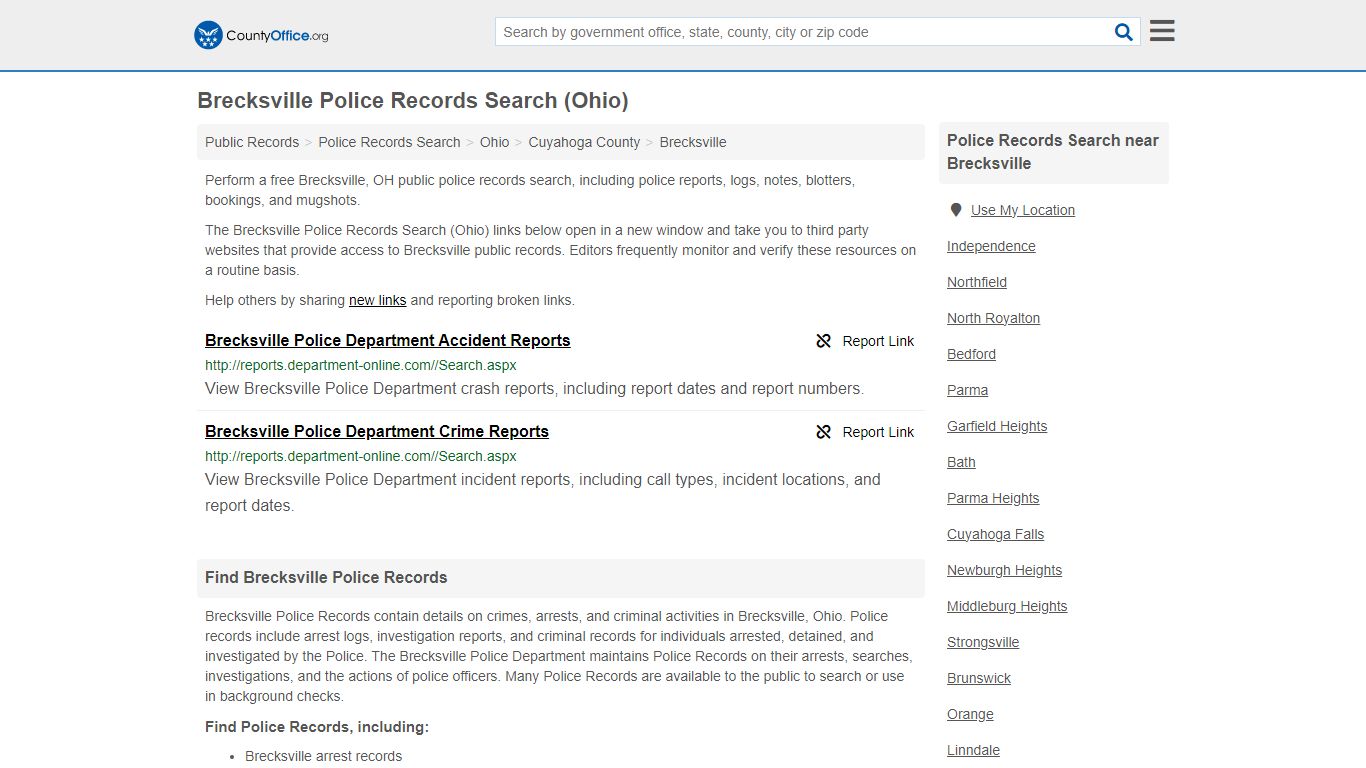 Brecksville Police Records Search (Ohio) - County Office